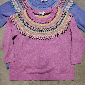 CJ Banks Fair Isle Sweater Argyle Nordic Print Pink Blue Lot of 2 Womens 2X Cozy